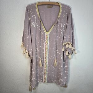 Skemo Light Purple Size M Boho Acid Washer Tassel Short Sleeve Rayon Blouse